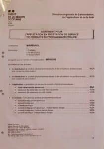 Document officiel d'agrément phytopharmaceutique MP00280 pour l'entreprise Marignol (81500 Lavaur), Préfecture Occitanie.