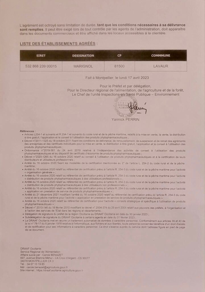 Agréement DRAAF Occitanie pour MARIGNOL (SIRET 53286823900015, LAVAUR), produits phytopharmaceutiques. Signé Yannick Perrin, Montpellier, 17/04/2023.