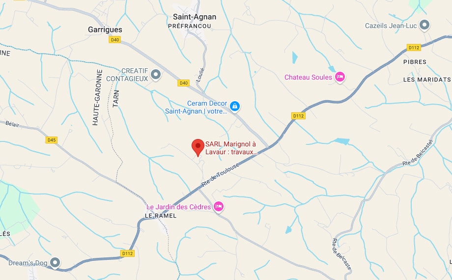 Carte de la région Tarn/Haute-Garonne, France, avec SARL Marignol (Lavaur) en D112, et villes Garrigues, St-Agnan, Pibres, Le Jardin des Cèdres, Chateau Soules.