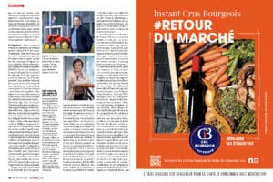Article ÉCONOMIE sur l'agriculture. Publicité "Crus Bourgeois #RETOUR DU MARCHÉ" : légumes, vin. L'abus d'alcool est dangereux.