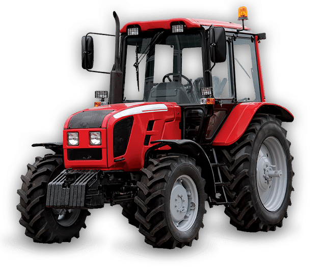 Tracteur agricole rouge neuf avec cabine, phares et pneus robustes, prêt à l'emploi.