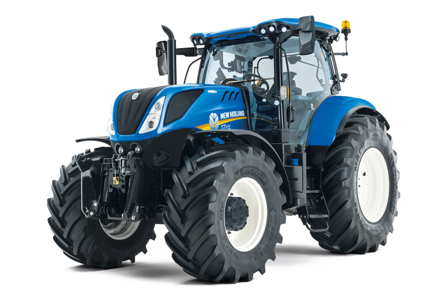 Tracteur New Holland T7.270 : Puissance et Technologie Tracteur bleu New Holland T7.270 avec pneus Michelin, idéal pour les travaux agricoles intensifs.